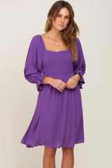 Purple Smocked 3/4 Sleeve Dress
