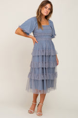 Blue Dot Smocked Ruffle Tiered Midi Dress