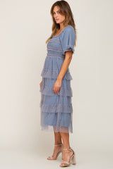 Blue Dot Smocked Ruffle Tiered Midi Dress