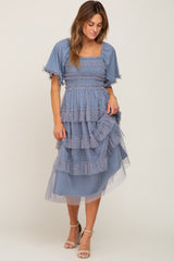 Blue Dot Smocked Ruffle Tiered Midi Dress