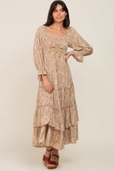 Beige Floral Cutout Smocked Tiered Maternity Maxi Dress