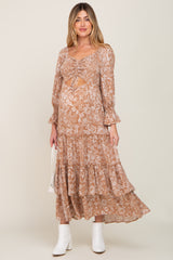 Beige Floral Cutout Smocked Tiered Maternity Maxi Dress