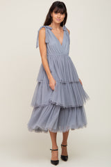 Light Blue Sleeveless Tiered Tie Strap Tulle Midi Dress