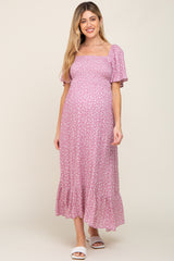 Pink Floral Smocked Maternity Midi Dress