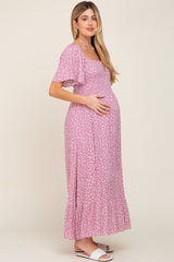 Pink Floral Smocked Maternity Midi Dress