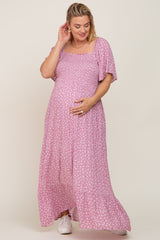 Lavender Floral Smocked Flounce Sleeve Maternity Plus Maxi Dress