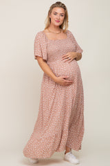 Taupe Floral Smocked Flounce Sleeve Maternity Plus Maxi Dress