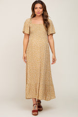 Yellow Floral Smocked Flounce Sleeve Maternity Maxi Dress