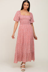 Mauve Floral Smocked Flounce Sleeve Maternity Maxi Dress