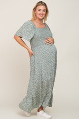 Mint Green Floral Smocked Flounce Sleeve Maternity Plus Maxi Dress