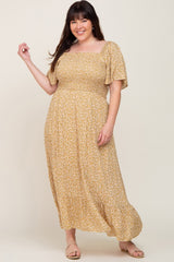 Yellow Floral Smocked Flounce Sleeve Maternity Plus Maxi Dress