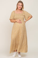 Yellow Floral Smocked Flounce Sleeve Maternity Plus Maxi Dress