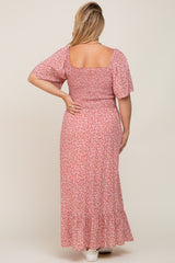 Mauve Floral Smocked Flounce Sleeve Maternity Plus Maxi Dress