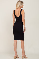 Black Ribbed Scoop Neck Fitted Dress