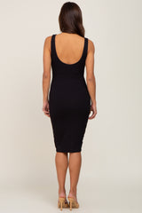 Black Ribbed Scoop Neck Fitted Maternity Dress