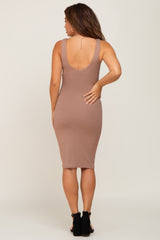 Taupe Ribbed Scoop Neck Fitted Maternity Dress