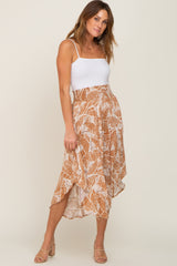 Camel Leaf Print Midi Skirt