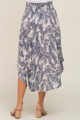 Blue Leaf Print Midi Skirt