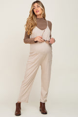 Beige Heathered Front Pocket Maternity Jumpsuit