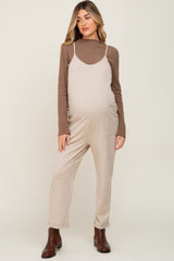 Beige Heathered Front Pocket Maternity Jumpsuit