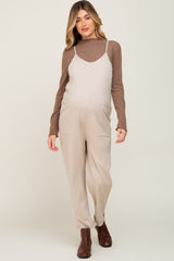 Beige Heathered Front Pocket Maternity Jumpsuit