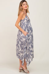 Navy Leaf Print Handkerchief Maternity Midi Dress