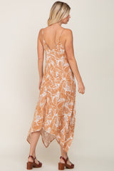 Camel Leaf Print Handkerchief Midi Dress