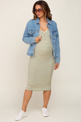 Green Striped Button Accent Maternity Midi Dress