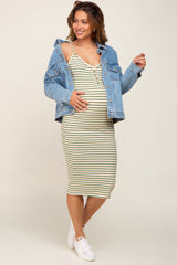 Green Striped Button Accent Maternity Midi Dress