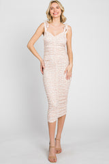 Light Pink Animal Print Ruched Shoulder Tie Maternity Dress