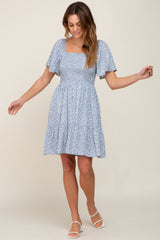 Light Blue Floral Smocked Square Neck Ruffle Hem Dress