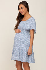 Light Blue Floral Smocked Square Neck Ruffle Hem Maternity Dress
