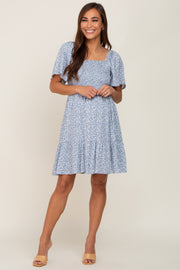 Light Blue Floral Smocked Square Neck Ruffle Hem Maternity Dress