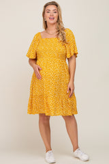 Yellow Floral Smocked Square Neck Ruffle Hem Maternity Plus Dress