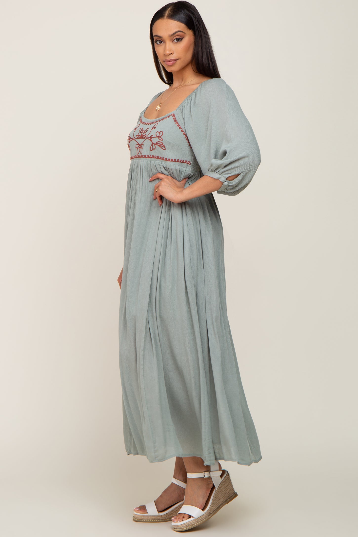 Mint Embroidered 3/4 Sleeve Maxi Dress