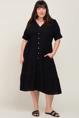 Black Button Down Short Sleeve Plus Maternity Dress