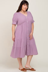 Lavender Button Down Short Sleeve Plus Dress