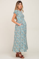 Jade Floral Smocked Open Criss Cross Back Maternity Maxi Dress