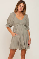 Olive Smocked Puff Sleeve Maternity Dress