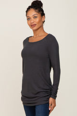 Charcoal Brushed Knit Ruched Top