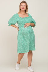 Green Floral Smocked Square Neck Maternity Plus Dress