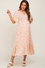 Peach Floral Smocked V-Neck Short Sleeve Maternity Midi Dress