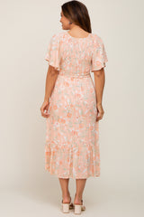 Peach Floral Smocked V-Neck Short Sleeve Maternity Midi Dress