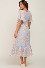 Light Blue Floral Smocked V-Neck Short Sleeve Maternity Midi Dress