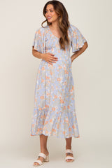 Light Blue Floral Smocked V-Neck Short Sleeve Maternity Midi Dress