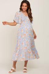 Light Blue Floral Smocked V-Neck Short Sleeve Maternity Midi Dress