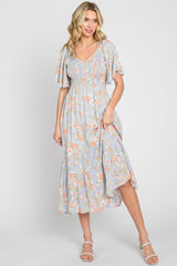 Light Blue Floral Smocked V-Neck Short Sleeve Midi Dress