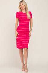 Fuchsia Striped Ribbed Fitted Maternity Sweater Dress