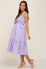 Lavender Sleeveless Floral Embroidered Maternity Midi Dress