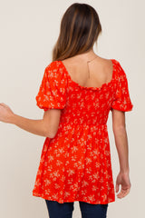 Orange Floral Smocked Square Neck Top